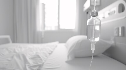 Poster - Documentary photography of a hospital bed with a patient hooked up to an IV drip, capturing the serene and contemplative atmosphere of the hospital room