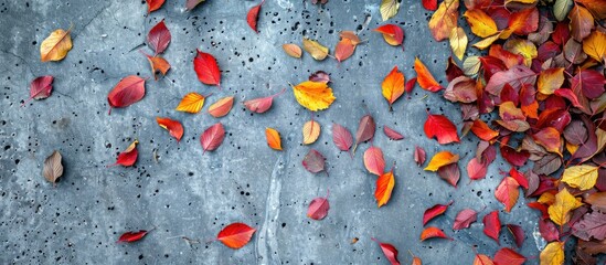Aufkleber - Vibrant red and yellow autumn leaves scattered on a concrete surface, providing ample copy space image.