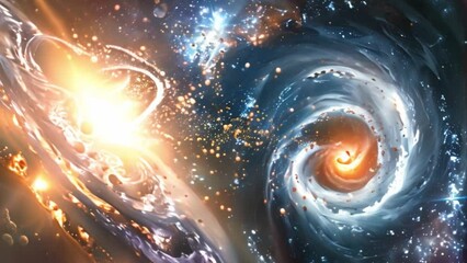 Aufkleber - This digital artwork depicts a cosmic collision, featuring a fiery explosion and a swirling galaxy.