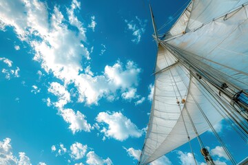 Wall Mural - a sailboat sails against a blue sky with white clouds