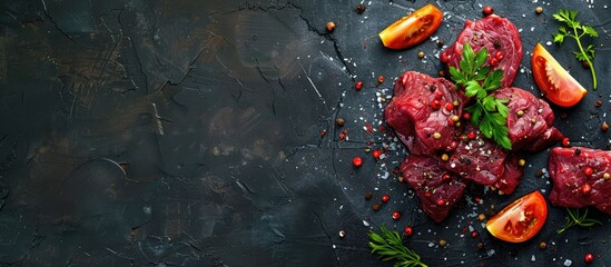 Poster - Raw beef meat prepared with seasoning, ready to be cooked, with copy space image available.