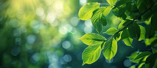 Poster - Fresh green leaves in close-up on a blurred bokeh background in the park, offering ample copy space for an image.