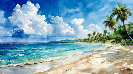 Wall Mural - Sunny Beach Days: Vacation Scenes in Watercolor Style