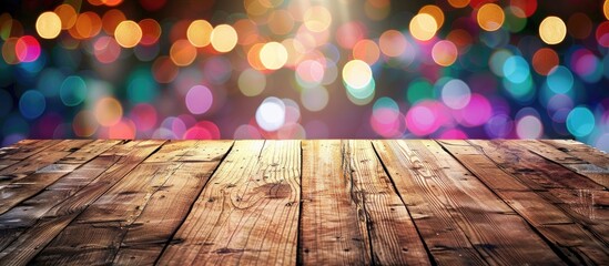 Aufkleber - An empty wooden table surface with a blurred abstract backdrop provides ample copy space for text on a marketing promotion image.