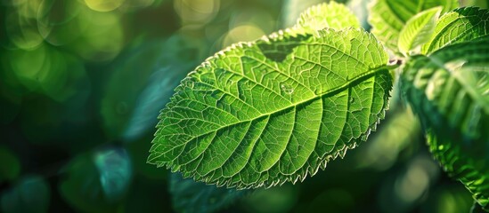 Leinwandbilder - In the garden, a green leaf is close-up with a naturally blurred background, perfect for a copy space image.