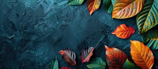 Wall Mural - Top-down view of diverse colorful leaves against a textured background with copy space image.