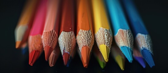 Poster - Color pencils displayed on a black backdrop with selective focus in a close-up shot to highlight the details, providing a clear copy space image.