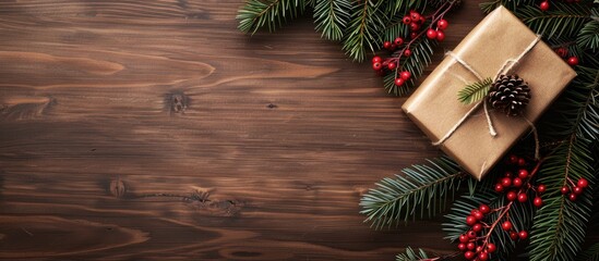 Fototapete - Wooden surface with fir tree branches, red berries, and a present box creating a festive Christmas and New Year background with copy space image.