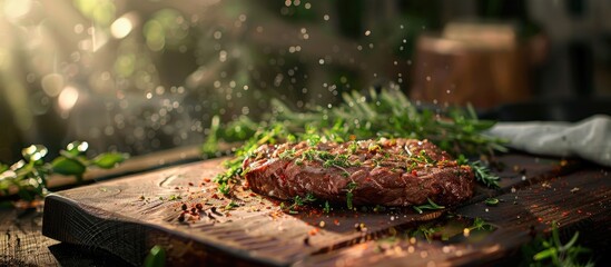 Poster - Preparing a savory steak with fresh beef adorned with spices and herbs for grilling, shown in a copy space image.