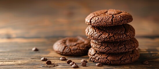Poster - Pile of delicious chocolate cookies on a wooden table with copy space image.