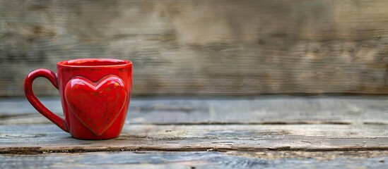 Aufkleber - Selective focus point on a wooden table with a heart-shaped coffee cup, perfect for showcasing in a copy space image.