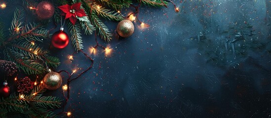 Aufkleber - Festive Christmas tree branch adorned with ornaments and lights on a dark backdrop, viewed from above with room for text - ideal for flat lay copy space image.