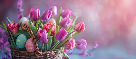 Poster - An Easter-themed arrangement featuring tulips and a basket filled with colorful painted eggs, leaving room for additional elements in the copy space image.