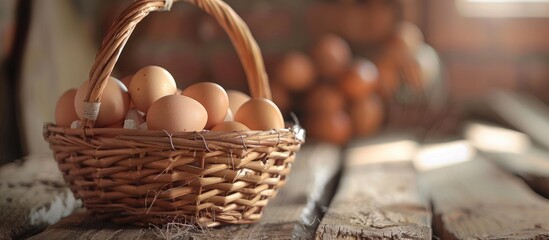 Aufkleber - Basket made of wicker showcasing freshly laid eggs, copy space image available.