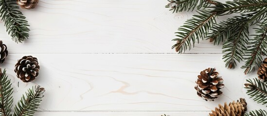 Poster - Top view of a Christmas and New Year's composition with pine cones and spruce branches on a white wooden background, suitable for a copy space image.