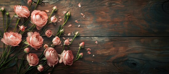 Aufkleber - Pink eustoma flowers are arranged on a wooden backdrop to create a charming display with copy space image.