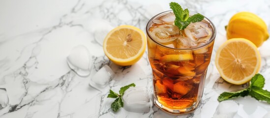 Aufkleber - Marble table with a glass of iced tea garnished with mint and lemon, representing a refreshing cold drink, surrounded by ample copy space image.