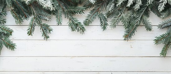 Aufkleber - Rustic white wooden board decorated with Christmas fir tree branches, ideal for featuring a copy space image.