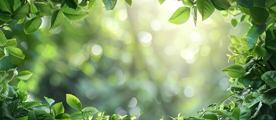 Fototapete - A serene garden scene with lush green leaves against a blurred backdrop, ideal for a copy space image featuring natural surroundings and bokeh effect.