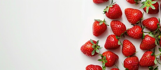 Poster - Overhead shot of strawberries on a white background with empty copy space image.