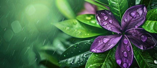 Leinwandbilder - Purple flower set against a vibrant green nature background, ideal as a copy space image for wallpapers or decorative backdrops with abstract plant textures and leaves.