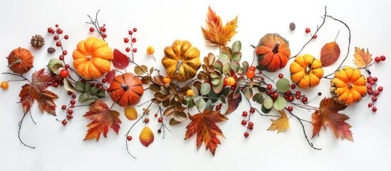 Poster - Autumn-themed arrangement of leaves, pumpkins, and berries on a white backdrop. Suitable for displaying text. Includes a designated copy space image.