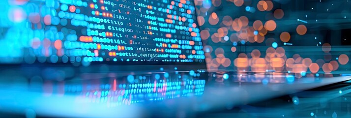 A laptop with glowing code on the screen on dark bokeh light background