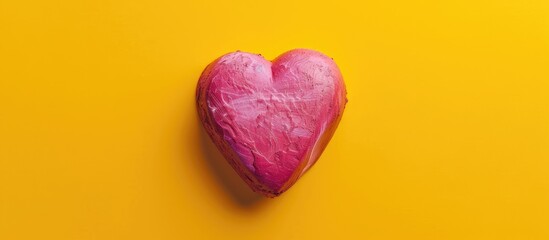 Poster - Heart-shaped pink symbol on a vibrant yellow backdrop, ideal for celebrations like Women's, Mother's, and Valentine's Day, with copy space image.