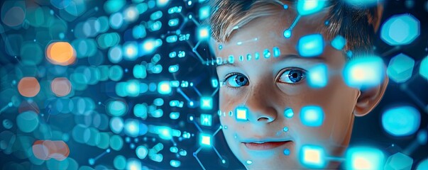 a young boy with blue eyes looking at digital data background