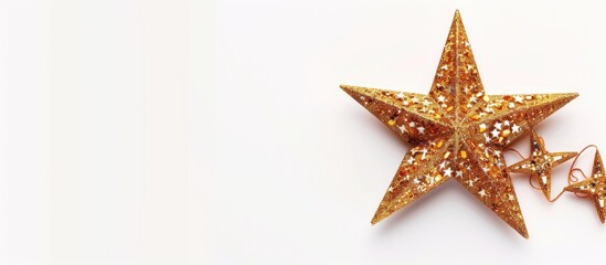 Poster - Close-up top-view rendering of a shining Christmas star in gold against a white backdrop with ample copy space image.