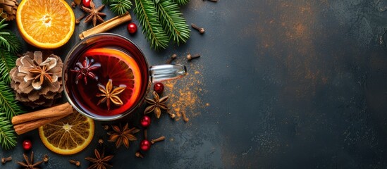 Poster - A festive drink featuring mulled wine with cinnamon, orange, and anise, perfect for the holiday season, with copy space image.