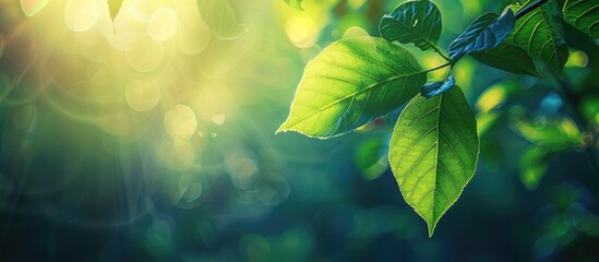 Poster - A beautiful nature scene with a green leaf against a blurred green background, sunlight, and space for text, ideal for a natural landscape or fresh wallpaper concept. copy space available