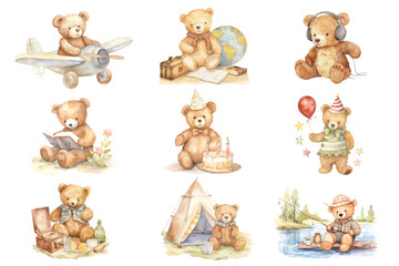 Poster - Cute watercolor teddy bears png cut out set