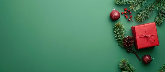 Poster - Top view of a red gift box and Christmas decoration on a green background with copy space image.