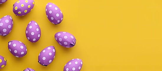 Aufkleber - Easter and spring-themed purple paper eggs on a yellow surface viewed from above with space for text or an image. copy space available
