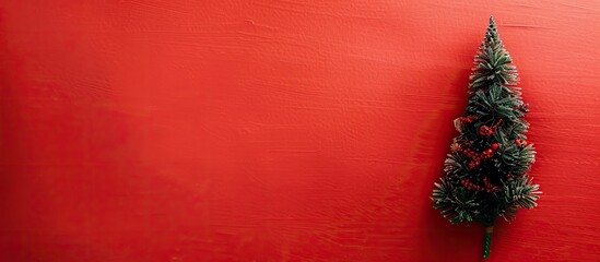 Poster - Red Christmas tree on a red background in a flat layout greeting card, representing the concept of New Year and winter holidays with free copy space image available.