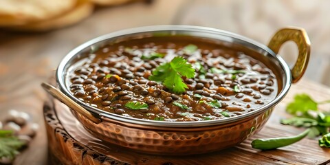 Wall Mural - Creamy black lentil curry in a copper bowl in a warm Indian kitchen. Concept Indian Cuisine, Lentil Recipes, Cooking with Copper, Kitchen Ambiance, Comforting Dishes