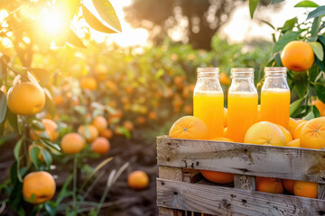 Wall Mural - Orange juice with fresh oranges in wooden crate, farming background