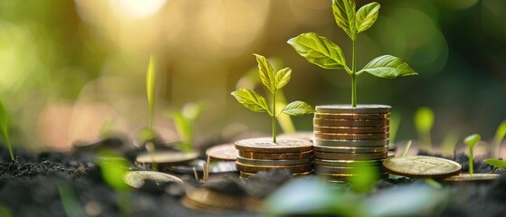 Wall Mural - Coins stacked with green plant sprouts symbolizing growth