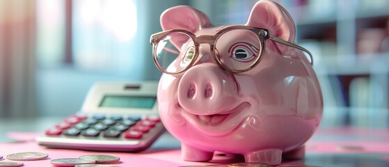 Wall Mural - Pink piggy bank with eyeglasses and calculator, concept of savings and investments