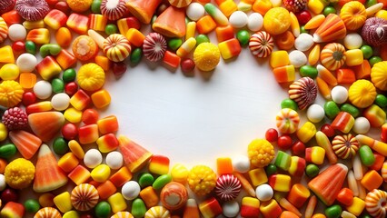 Wall Mural - Candy and sweets in copy-space background concept, big blank space. Place to adding text blank copy space. Candy Corn Classics