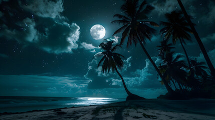 Wall Mural - A beautiful night sky with a full moon and a palm tree in the foreground