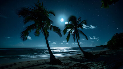 Wall Mural - A beautiful night sky with a full moon and a palm tree in the foreground