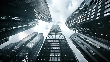 Poster - A black and white photograph looking upwards at a cluster of towering skyscrapers in a modern city.