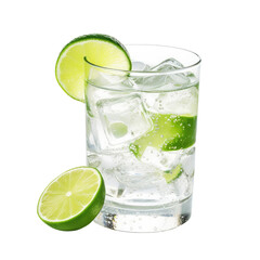 Wall Mural - Gin tonic with sliced lime and ice in glass isolated on transparent white background, clipping path