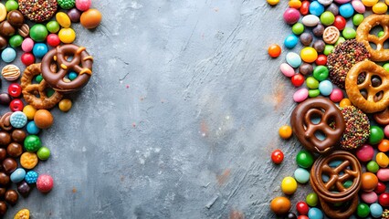 Wall Mural - Candy and sweets in copy-space background concept, big blank space. Place to adding text blank copy space. Chocolate Pretzel Delight