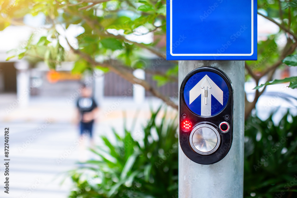 Selective focus to pedestrian crossing call button to cross. The push ...