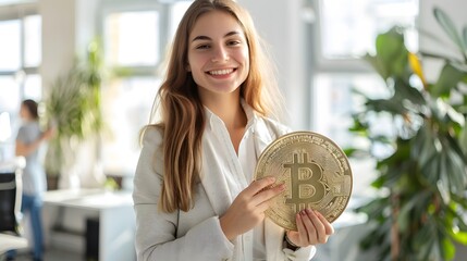 A woman is holding a gold coin with the letter B on it