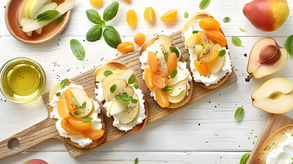 Wall Mural - Delicious ricotta bruschettas with pears and apricots among products on white wooden table, flat lay