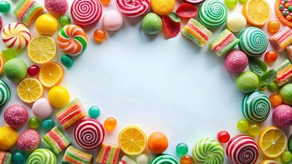 Wall Mural - Candy and sweets in copy-space background concept, big blank space. Place to adding text blank copy space. Sweet Mint Candies